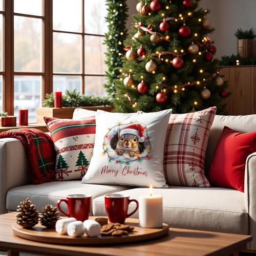 DEQSX Funny Christmas Squirrel Pillow Cover 18x18in, Santa Hat & Lights, 06color