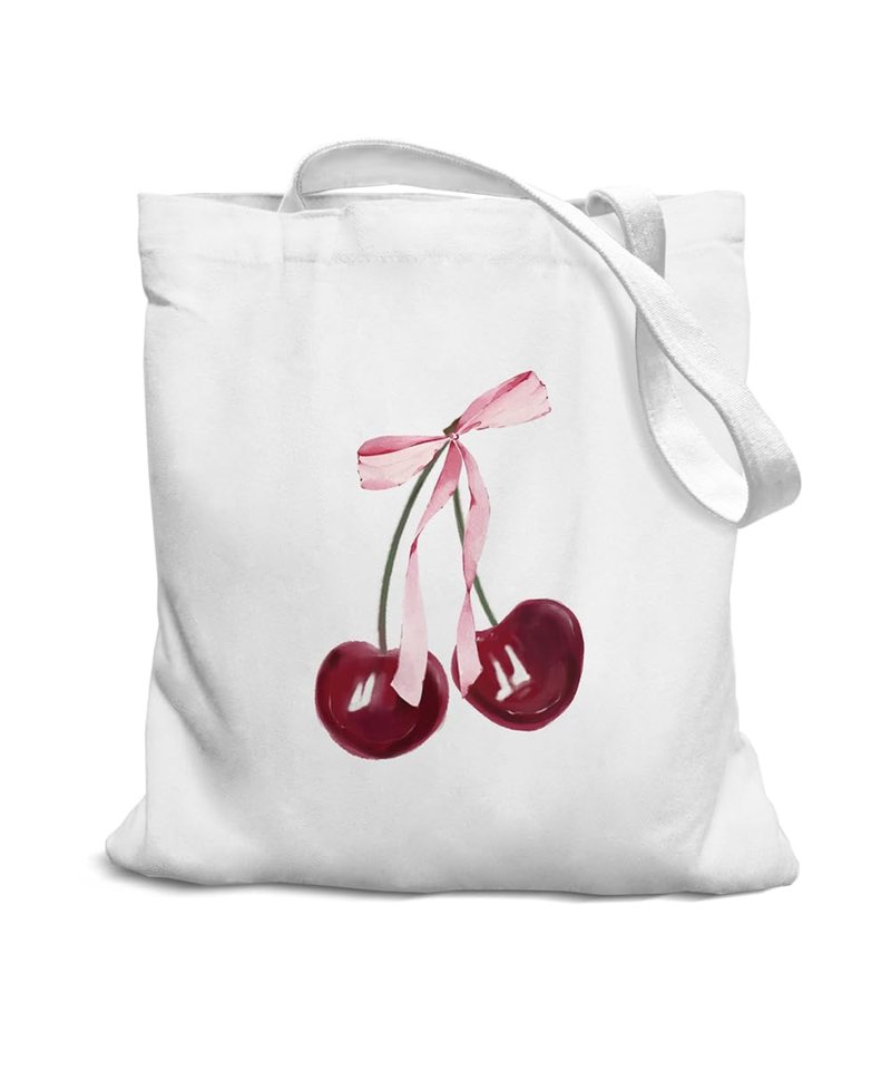 SZERE Coquette Pink Bow Cherry Canvas Tote Bag for Women Teen Girls, Coquette Pink Cherry Themed Stuff Gifts for Women, Cute Small Work Travel Shopping Tote Bags Grocery Reusable Bags