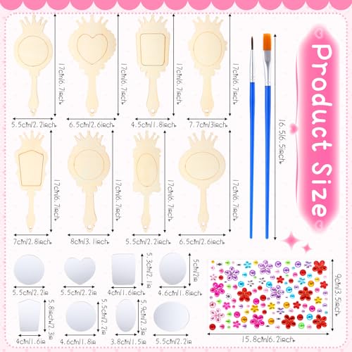 48-Pack DIY Wooden Hand Mirror Craft Kit for Kids Princess Party Favors