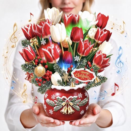 Rayilyn Christmas Tulips Pop Up Card with Lights & Music - 10.5 Inch Holiday Bouquet with Pine, Bells, Ornaments