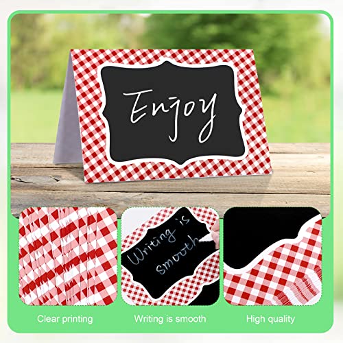 24 Pcs Red Gingham Food Tent Cards - Writable 6x4 Inch Buffet Labels
