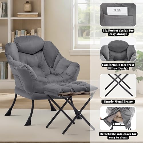 Lazy Reading Chair with Foldable Ottoman and Side Pocket, Dark Grey