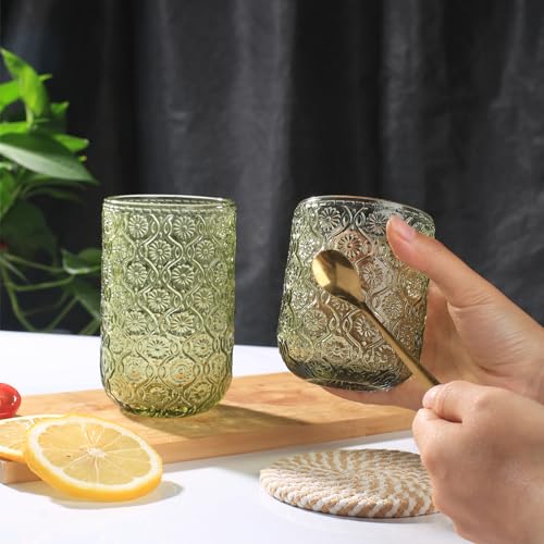 WeirdUncle Green Vintage Embossed Glassware Set - 8 Pieces, Highball & Rocks Glasses, 14oz & 9oz, Elegant Drinkware for Wine, Cocktail, Whiskey, Gift