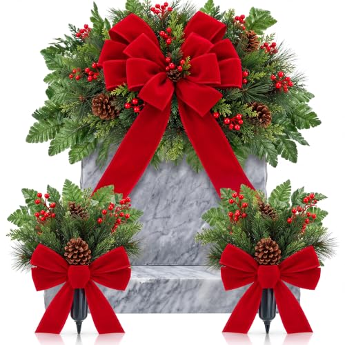 Daifunli 3-Pcs Christmas Cemetery Flowers with Red Bows Pine (Pine Variation)