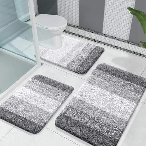 OLANLY 3-Piece Microfiber Bathroom Rug Set Soft Absorbent Grey Bath Mats