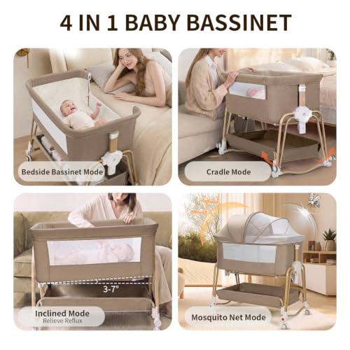 4-in-1 Portable Baby Bassinet Bedside Sleeper with Wheels & Storage - Khaki
