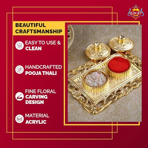 Golden Decorative Pooja Thali with Roli Chawal Holder for Diwali Rituals