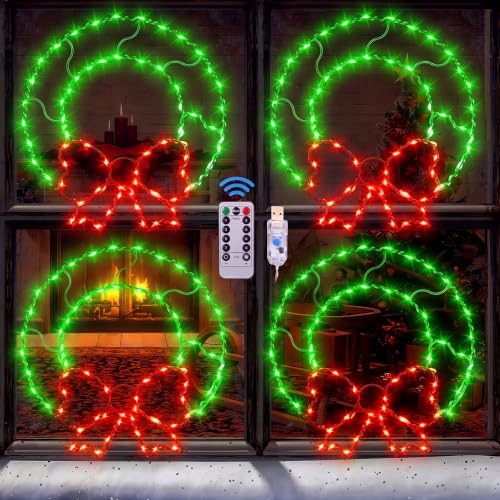 Christmas Window Silhouette Lights with Bow - 4 Pack 13.5in, 80 LEDs, Timer Remote USB Powered