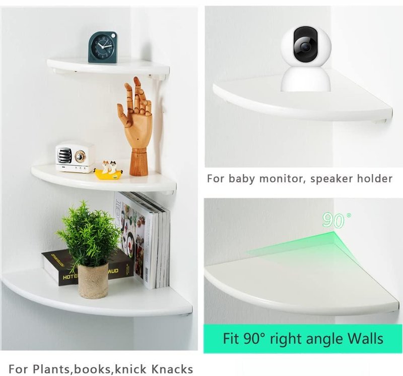 BEUGAWHOO White Corner Shelf, Wall Mount 12inch Natural Oak Wood Floating Corner Wall Shelf Round End Small Corner Nightstand Plant Shelf for Bedroom, Kitchen, Living Room Set of 2