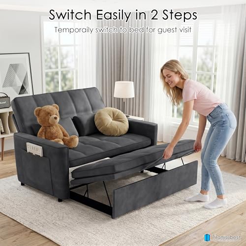 54-Inch Velvet Sleeper Sofa Bed, Convertible Pull-Out Loveseat with Pockets