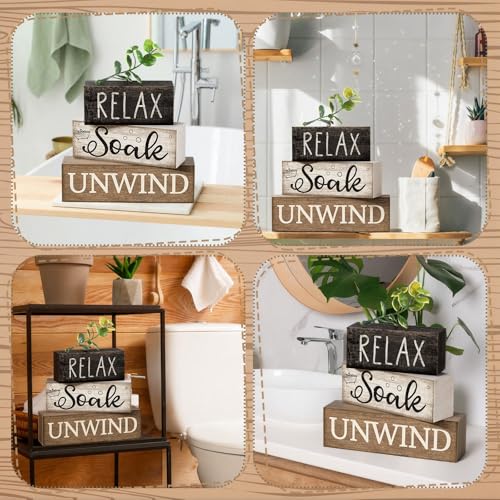 Farmhouse Wooden Bathroom Decor Set - Rustic Stackable Shelf Blocks