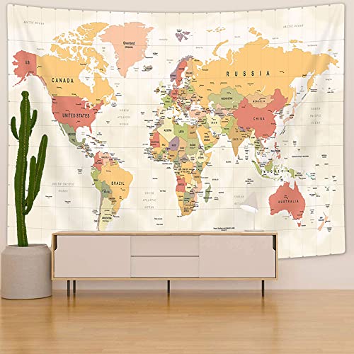 Topographic World Map Tapestry - Beige Fabric Wall Hanging (40x30 in)