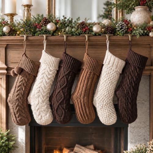 18 Inch Christmas Stockings Set of 6 - Neutral Earth Tone Cable Knit; White Brown Beige
