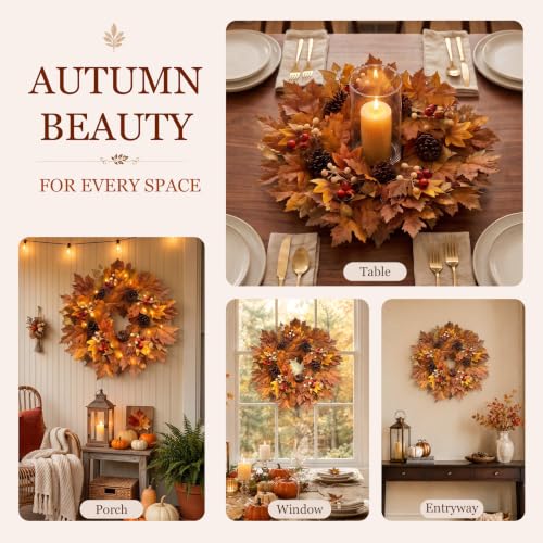 26-Inch Lighted Fall Wreath with Maple Leaves, Pinecones and Berries