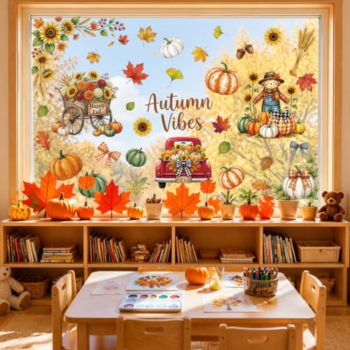 Fall Window Clings - 9 Sheets Pumpkin & Leaf Decals for Home Decor