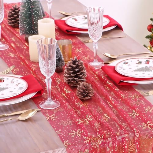 Christmas Table Runner Snowflake Gauze Glitter Foil 29x120in 3pc - Red Gold