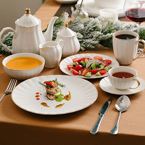 White Cappuccino Cups with Saucers Set of 6 - 7 oz Tea & Coffee Cups, Golden Trim - Brew To A Tea