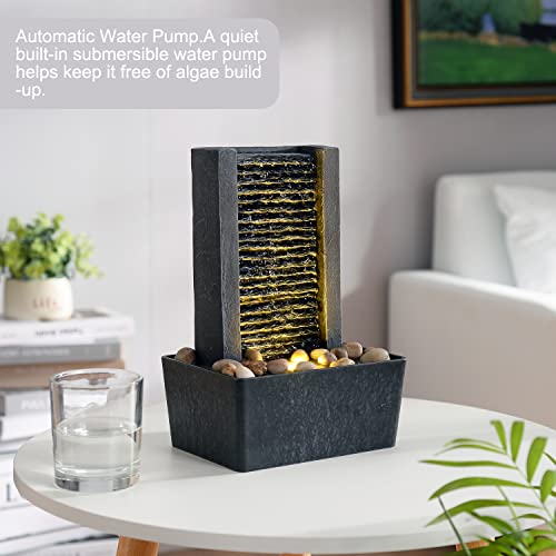 Modern Tabletop Water Fountain with Warm LED Light & Natural River Rocks
