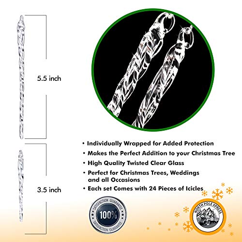 Twisted Clear Glass Icicle Ornaments - Set of 24 Christmas Tree Decorations