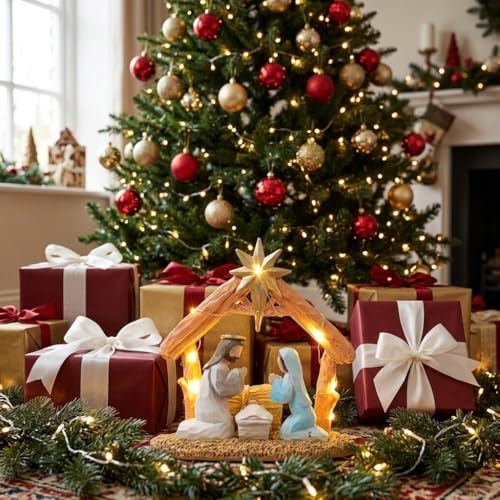 Lighted Nativity Scene Set, Hand-Painted Christmas Manger Figurine Display