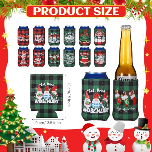 Tioncy 60 Pcs Christmas Beer Can Sleeves Insulated Plaid Style - 12 oz