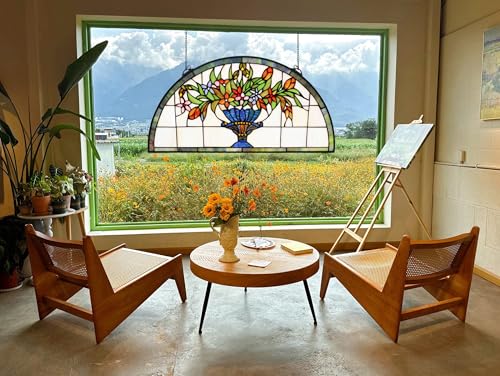 24-Inch Half Round Stained Glass Window Hanging Panel