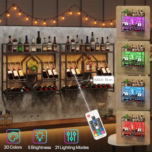 31.5" Wall Mounted Wine Rack with LED Lights and Glass Holder