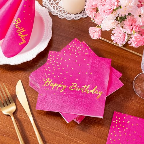Wrapaholic 25-Pack Hot Pink Gold Foil Happy Birthday Cocktail Napkins 5x5 Inches