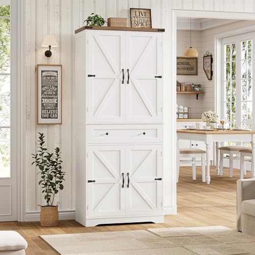 HOSTACK 71-Inch Farmhouse Kitchen Pantry Cabinet White and Rustic Brown, Rustic Storage Cabinet with Barn Doors