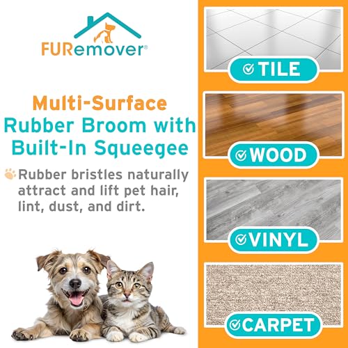 Rubber Pet Hair Removal Broom with 61" Telescopic Handle & Squeegee