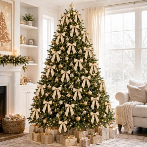 DULEFUN Gold Glitter Christmas Tree Bows Decorations 24 Pack
