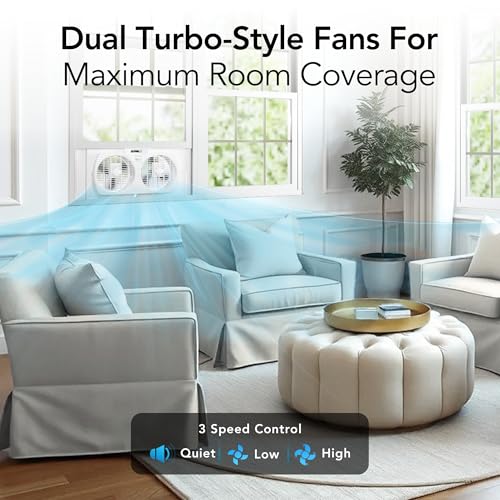 Comfort Zone 9-Inch 3-Speed Reversible Twin Window Fan with Bug Screen
