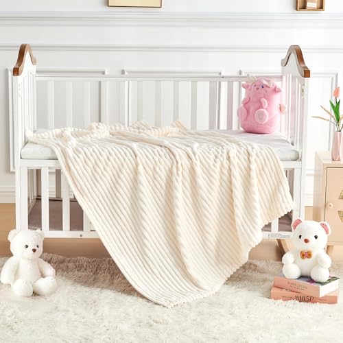 Soft Fleece Baby Blanket - Reversible Striped Infant Blanket, 30x40 Inch, Cream