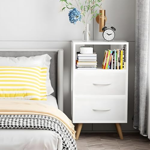3-Tier Modern Nightstand with Fabric Drawers, White Wooden Side Table