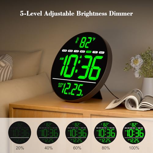 Large Digital LED Wall Clock with Temperature, Date, and 5-Level Dimmer