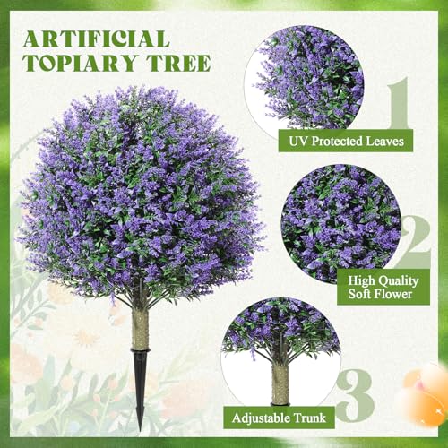 2-Pack 24-Inch Artificial Topiary Ball Trees with Ground Spikes, Purple