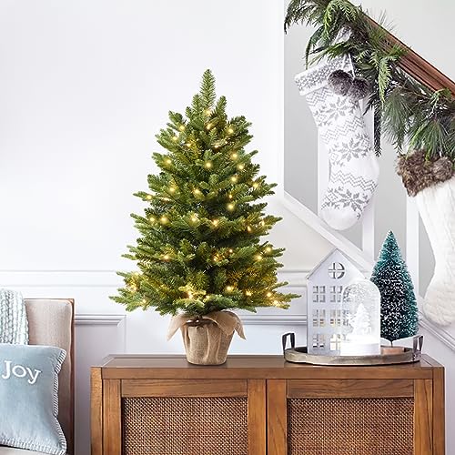 Somikis 3ft Pre-Lit Artificial Christmas Tree with 85 LED Lights, Nordic Spruce, Solid Cement Burlap Base