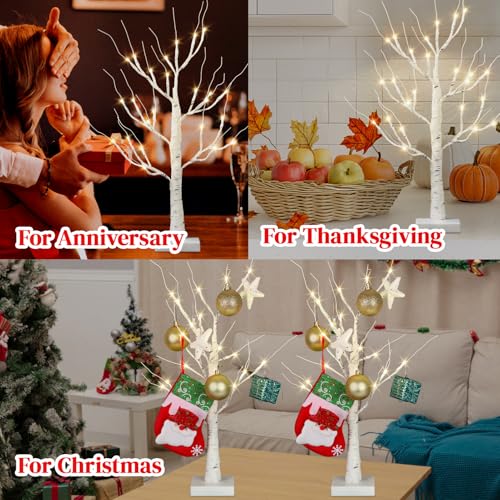 2-Pack 2 FT Lighted Birch Trees with LED Lights for Tabletop Decor