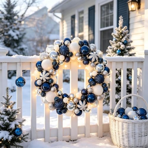 18in Christmas Ball Wreath with Lights – Silver Blue White, Pre‑assembled Front Door Decor