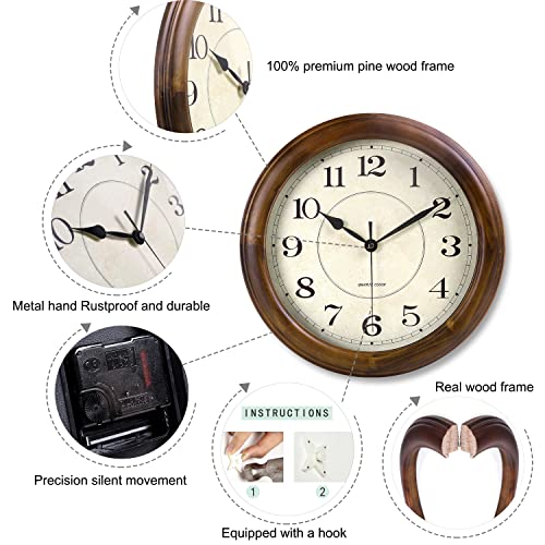 14-Inch Silent Wood Wall Clock, Large Non-Ticking Retro Analog Clock