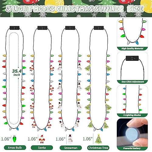 12PCS LED Light Up Christmas Necklace Set - 4 Modes, 26 Bulbs, Tree/Santa/Candy Cane Design (EOBOH)