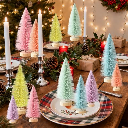 Bijoya 18 Pcs Mini Christmas Trees Set in 3 Sizes with Wooden Bases, 6 Colors