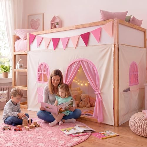 3-Panel Bunk Bed Curtain Set with Felt Pennant for Loft Bed Playhouse