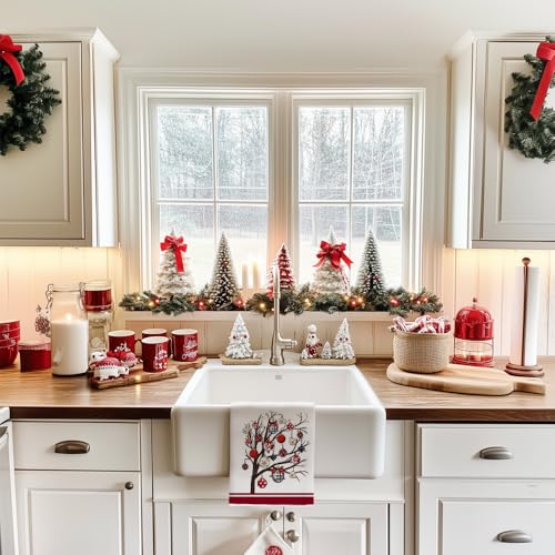 DineDia Dark Red Merry Christmas Kitchen Towels Set of 2 – 18x26, Snowflake Bells