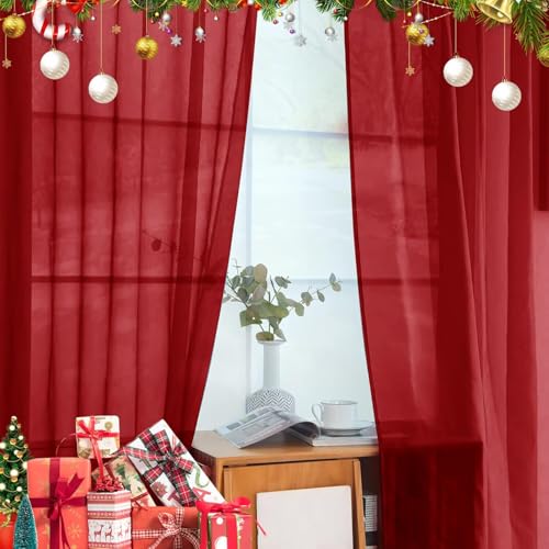 youleyar Christmas Red Sheer Voile Curtain Panels 4 Pack, 52x90 Inch