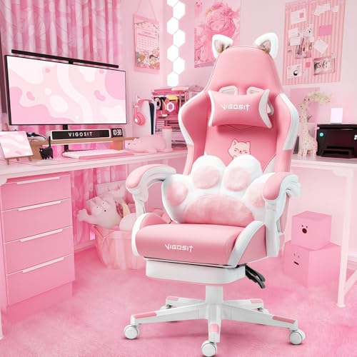 Pink Ergonomic Gaming Chair with Cat Ears, Footrest and Reclining Backrest