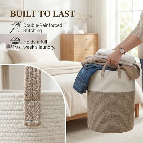 JMvicyroam 60L Cotton Rope Laundry Basket & Blanket Hamper in Brown
