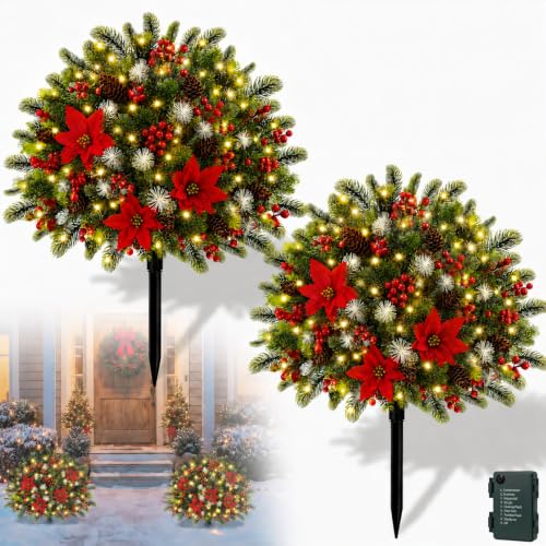 2 Pieces Christmas Urn Filler with Pre-Lit Artificial Poinsettia & Lights
