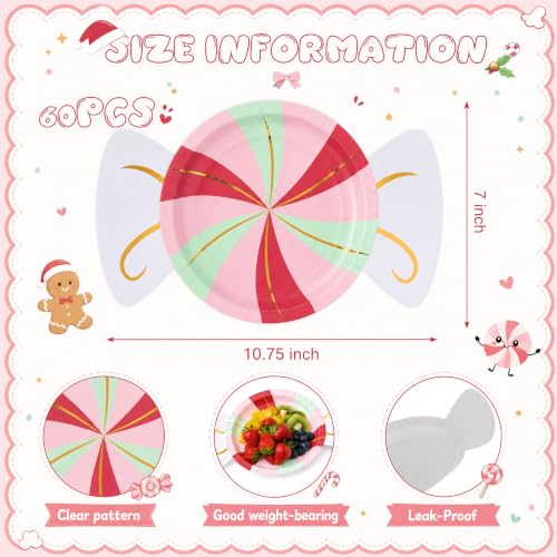 Maxdot 60 Pcs Candy-Shaped Christmas Paper Plates - Pastel Party Supplies