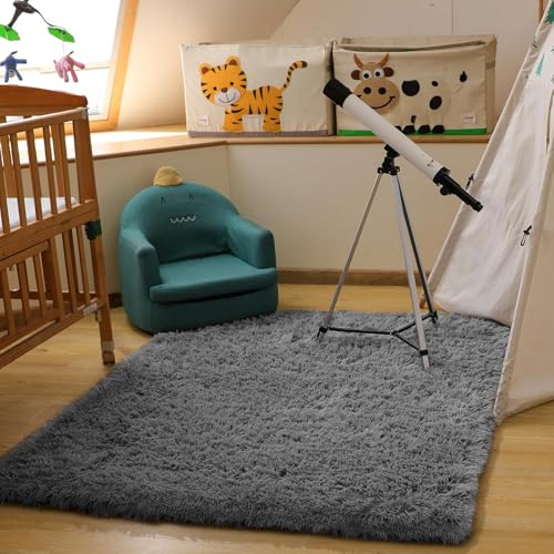 Ophanie Washable Fluffy Area Rug - Soft Non-Slip Grey Shaggy Carpet for Living Room & Bedroom